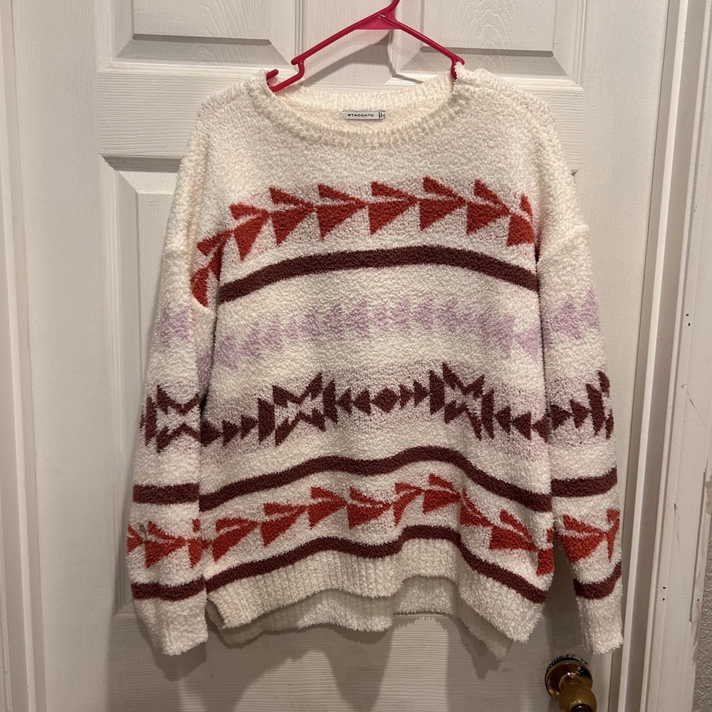Staccato Women Large Fuzzy Eyelash Knit Southwestern Aztec Crewneck Sweater